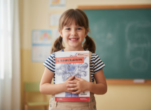 Niña contenta con cuaderno Casiopea